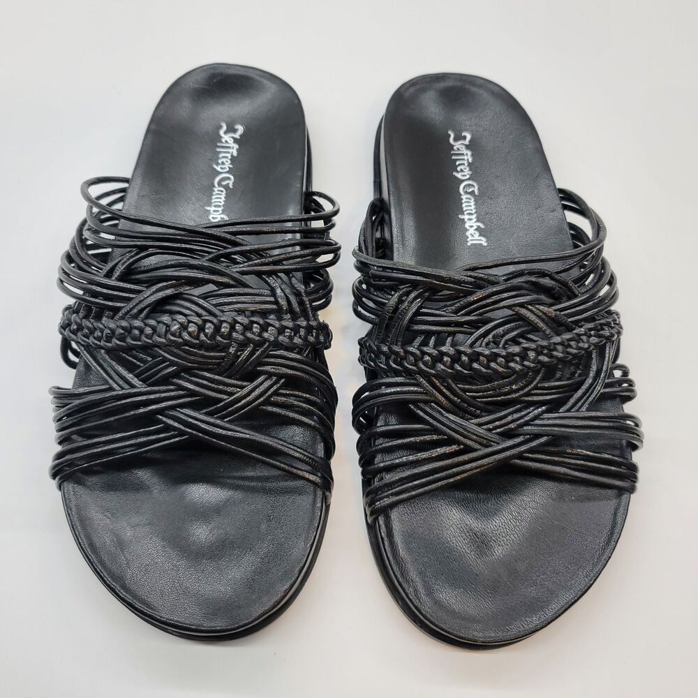 Jeffrey Campbell Intwined Black Leather Strappy Braided Platform Slide Sandals 7